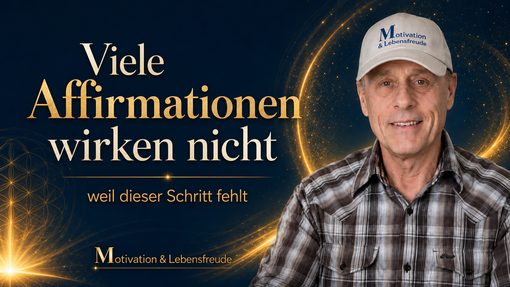 Gerhard von Motivation & Lebensfreude mit heller Cap vor dunkelblau-goldenem Hintergrund. Im Bild steht: „Viele Affirmationen wirken nicht – weil dieser Schritt fehlt“.