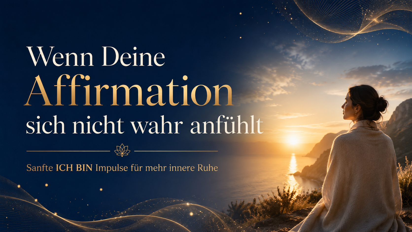 Meditative Frau blickt bei Sonnenaufgang über das Meer. Im Bild steht: „Wenn Deine Affirmation sich nicht wahr anfühlt – Sanfte ICH BIN Impulse für mehr innere Ruhe“.