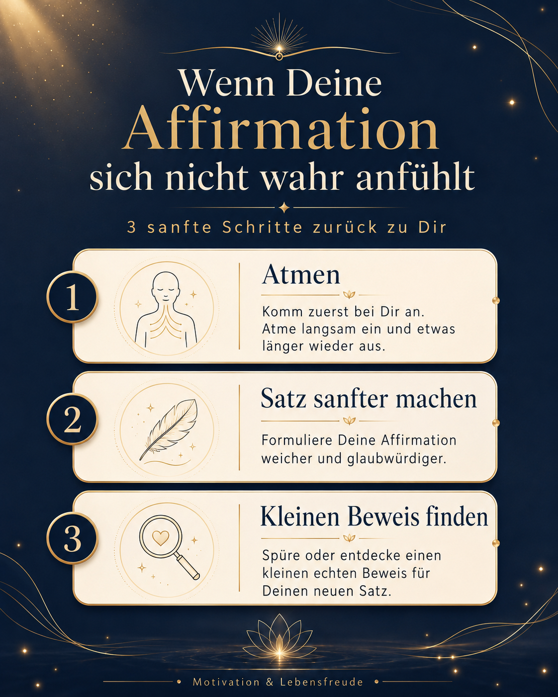 3-Schritte-Grafik im Motivation-Lebensfreude-Stil mit den Schritten Atmen, Satz sanfter machen und kleinen Beweis finden für glaubwürdigere ICH BIN Affirmationen.